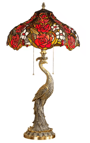 Lampe Tiffany - Paon Roses Rouges Au Bonheur la Lampe